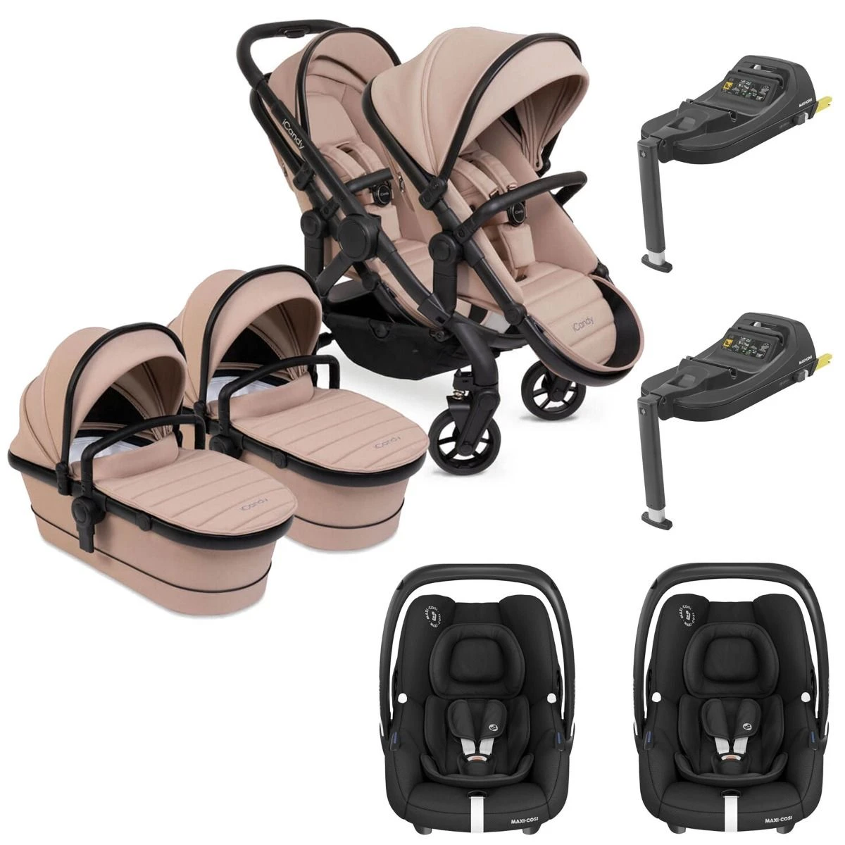 ICandy Peach 7 Twin Pushchair Travel System Bundle With Maxi-Cosi Cabriofix ISize Car Seat & Base - Cookie 3 ICandy Peach 7 Twin Pushchair Travel System Bundle With Maxi-Cosi Cabriofix ISize Car Seat & Base - Cookie