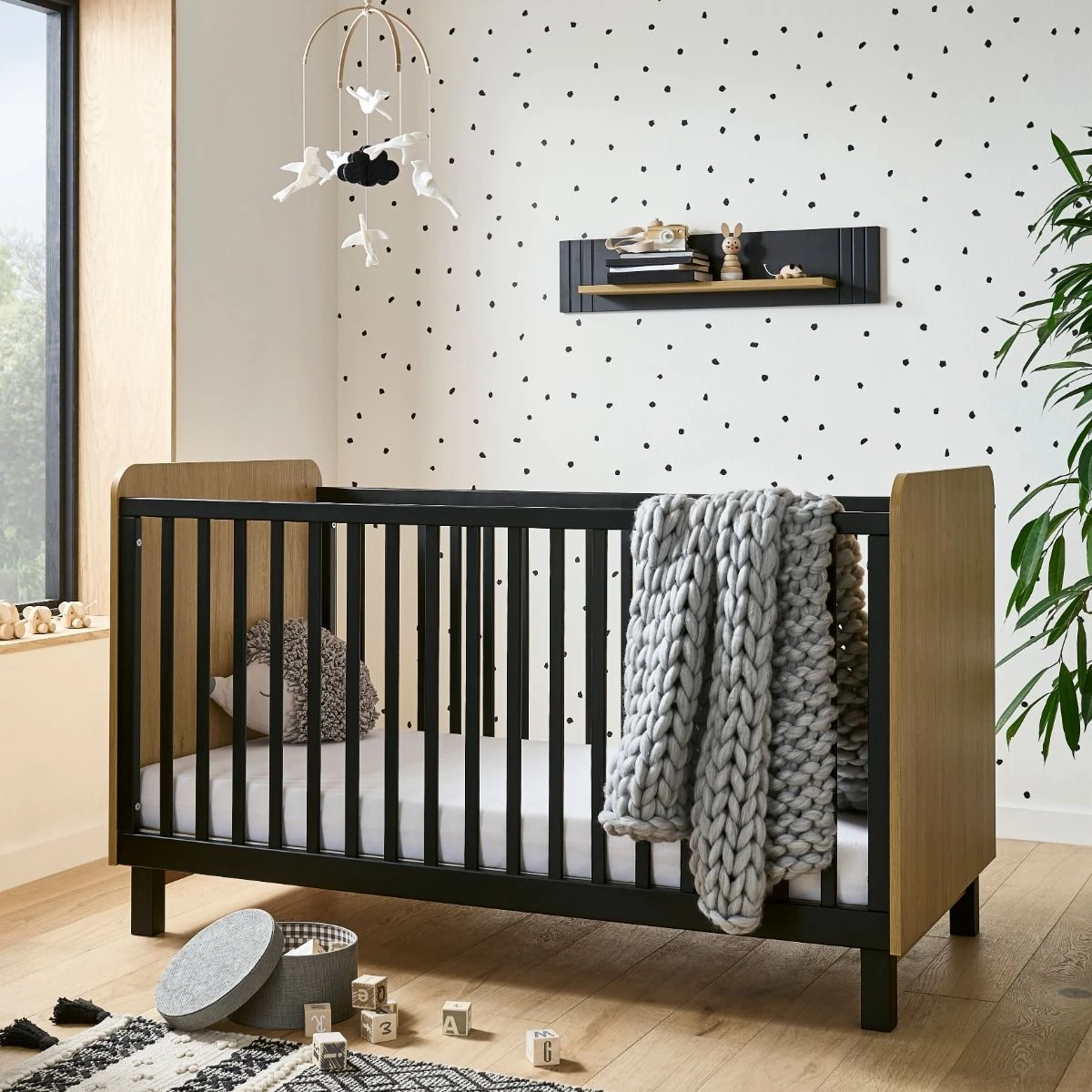 CuddleCo Rafi Cot Bed - Oak And Black 3 CuddleCo Rafi Cot Bed - Oak And Black